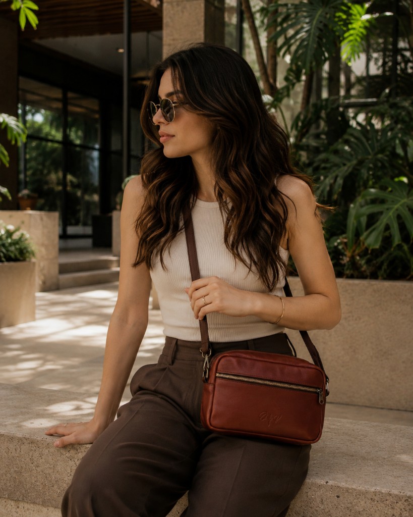 Bandolera Moderna en cuero cognac — colección Uchuva